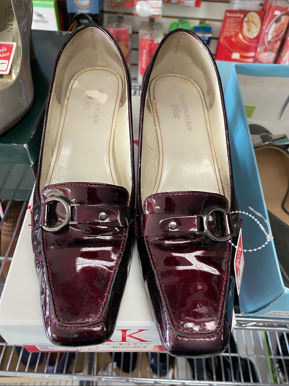 Anne Klein Burgundy Patent Loafers with Buckle Accent